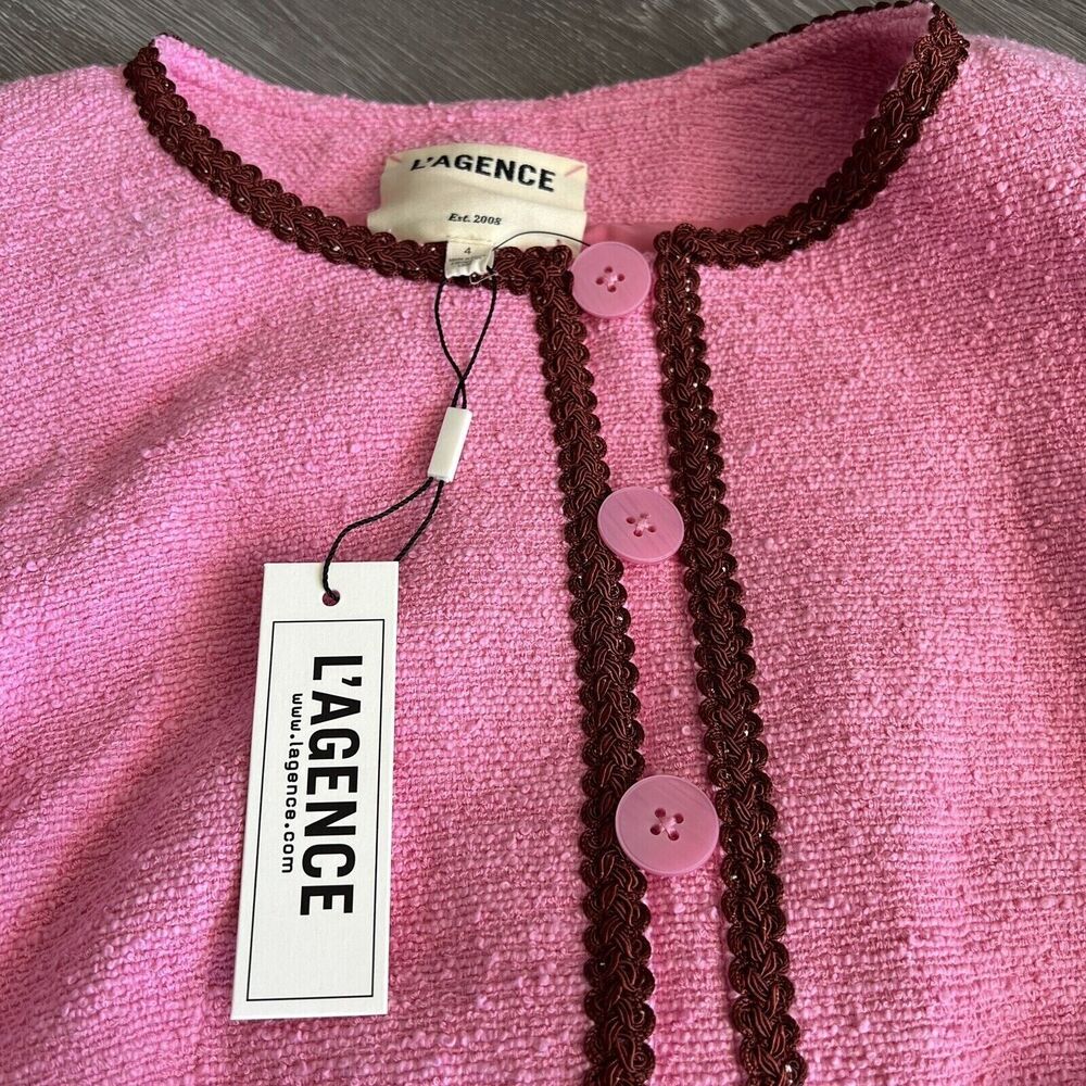 L’Agence Blazer Womens Size 4 Cropped Tweed Jacket Pink Button Closure - Picture 4 of 16